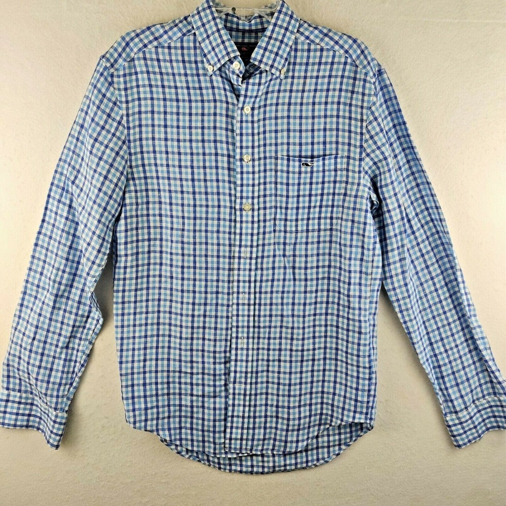 Vineyard Vines Mens 100% Linen Classic Fit Tucker Blue White Check Shirt Size S